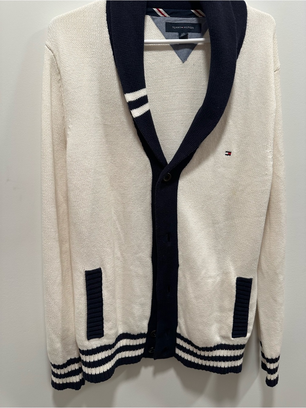 Tommy Hilfiger Men's Cream Cardigan with Navy Shawl Collar